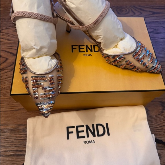 Fendi Tan metallic and Blue Embellished Kitten Heels - Picture 5 of 8